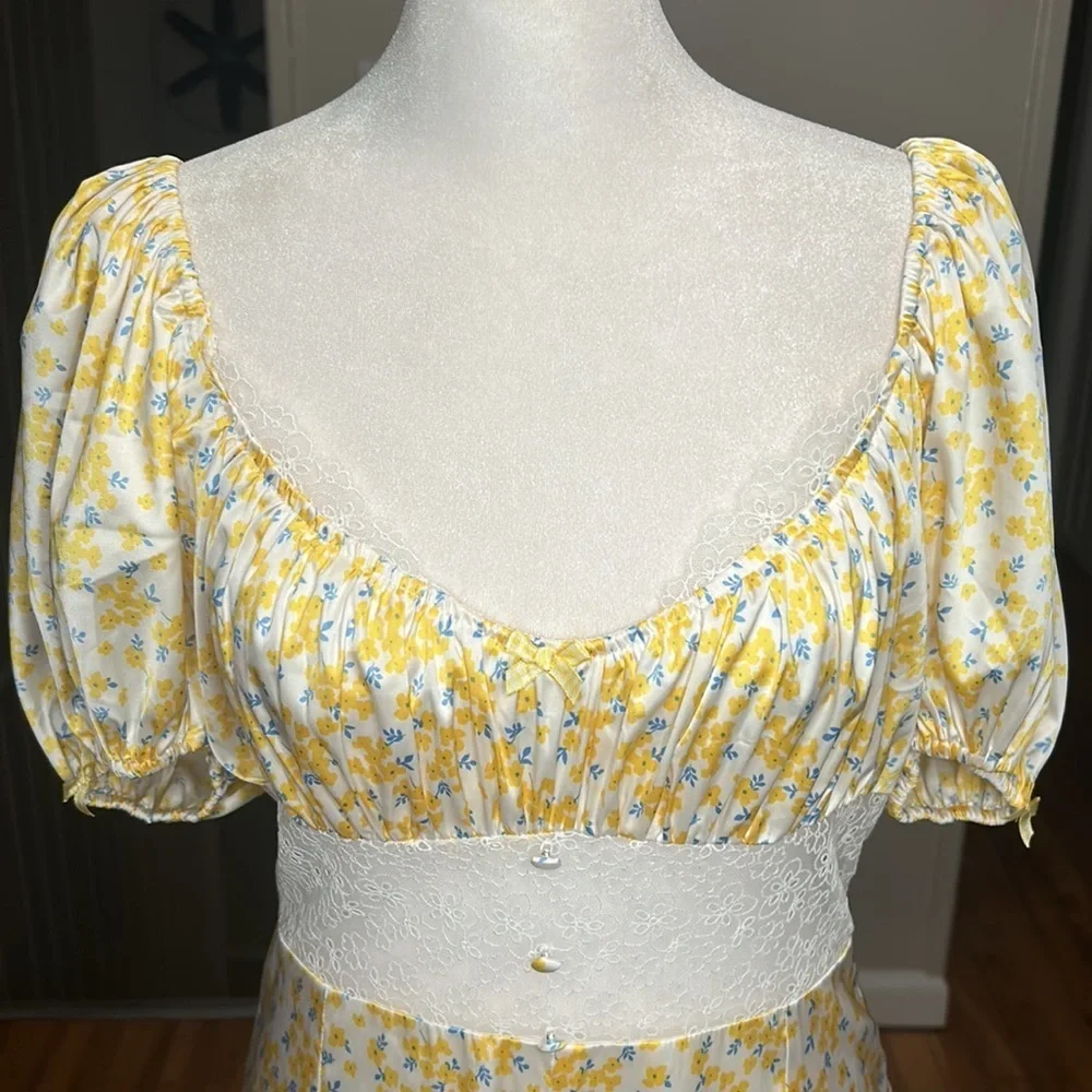 For Love & Lemons Daffodil Floral Sheer Puff Sleeve Lace Dress NWT Size Small